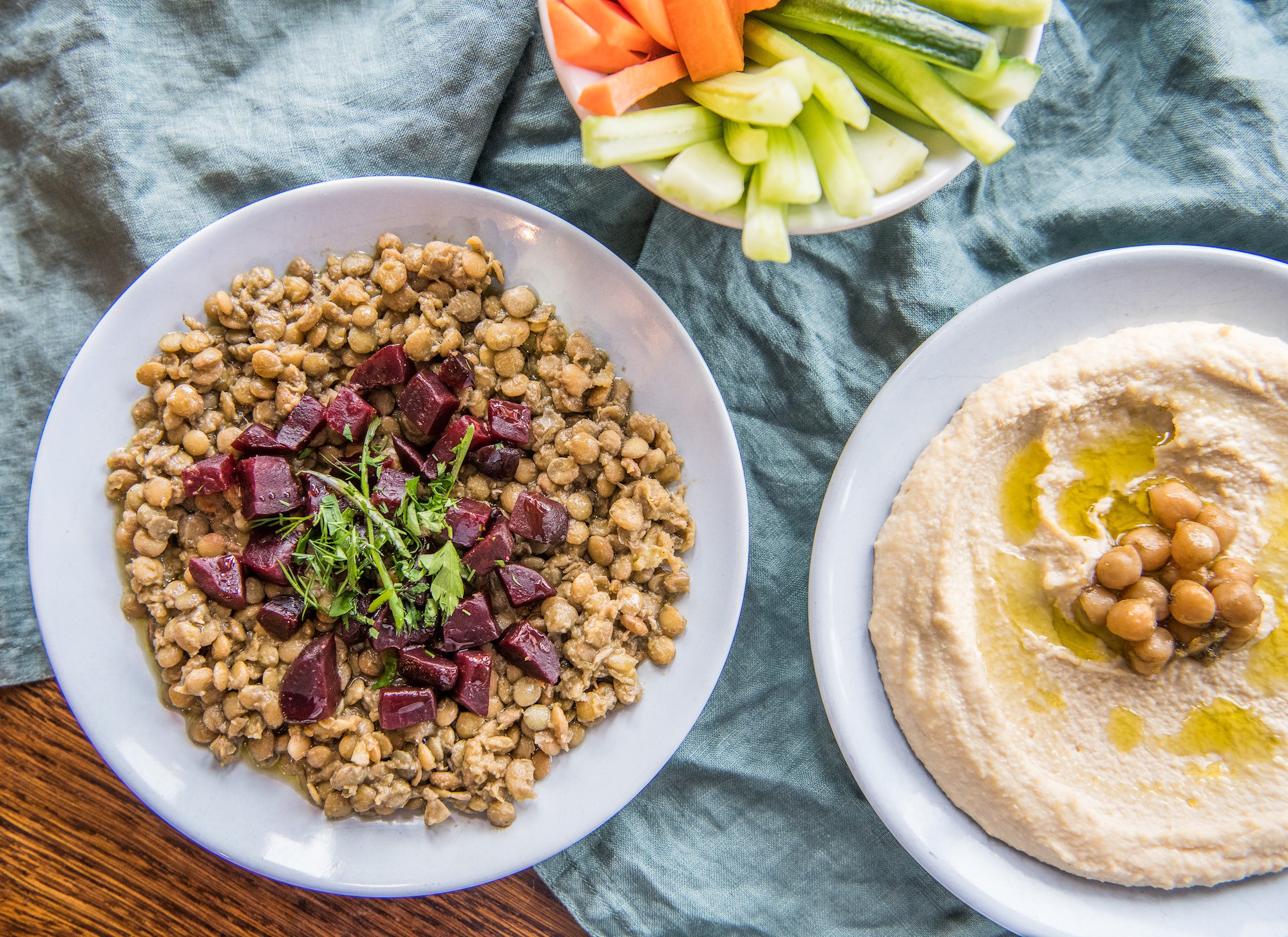 beetroot lentils salad - houmous - vegan dish